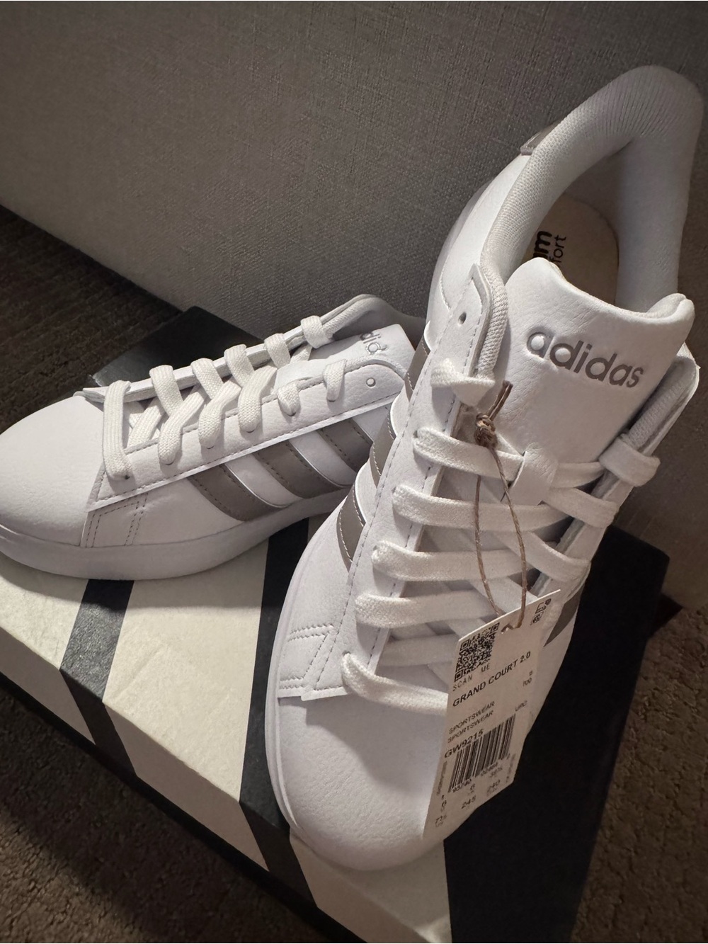 adidas Women’s White Sneakers with Gray Stripes - Picture 2 of 5